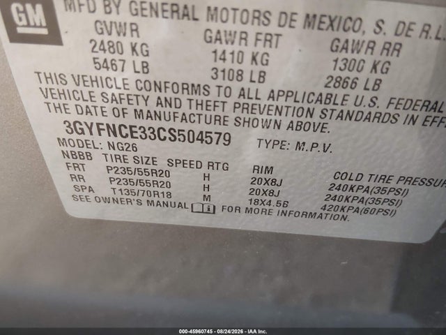Auction sale of the 2012 Cadillac Srx Premium Collection, vin: 3GYFNCE33CS504579, lot number: 45960745