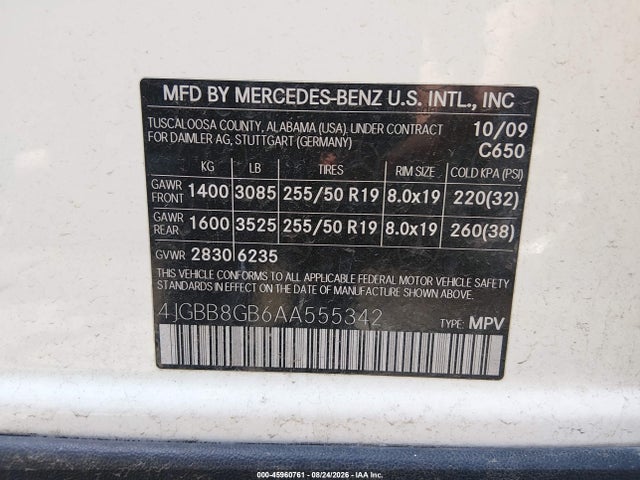 Продаж на аукціоні авто 2010 Mercedes-benz Ml 350 4matic, vin: 4JGBB8GB6AA555342, номер лоту: 45960761
