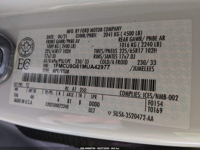 Aukcja sprzedaży 2021 Ford Escape Se, vin: 1FMCU9G61MUA42977, numer aukcji: 45960769