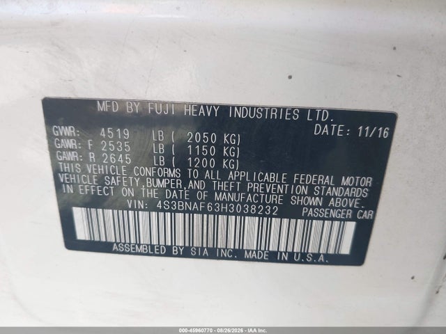 Aukcja sprzedaży 2017 Subaru Legacy 2.5i Premium, vin: 4S3BNAF63H3038232, numer aukcji: 45960770