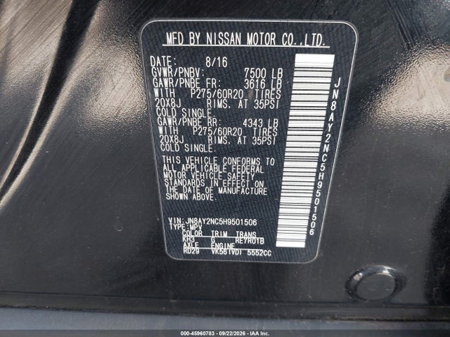 Aukcja sprzedaży 2017 Nissan Armada Platinum, vin: JN8AY2NC5H9501506, numer aukcji: 45960783
