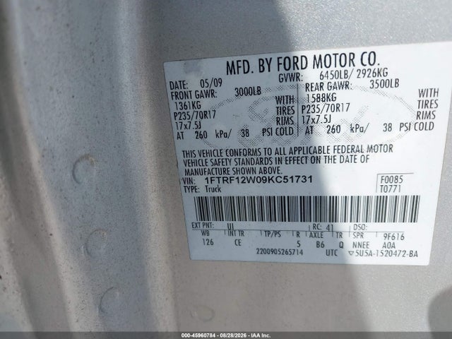 Продажа на аукционе авто 2009 Ford F-150 Stx/xl/xl W/midbox Prep/xlt/xlt W/midbox Prep, vin: 1FTRF12W09KC51731, номер лота: 45960784