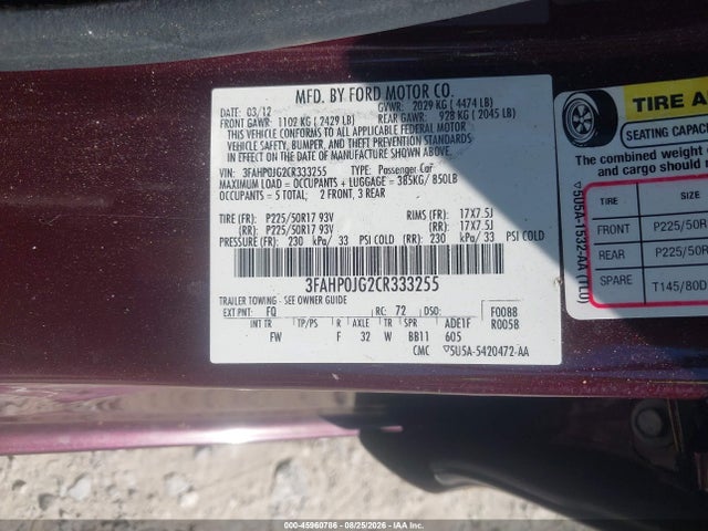 45960786 :رقم المزاد ، 3FAHP0JG2CR333255 vin ، 2012 Ford Fusion Sel مزاد بيع