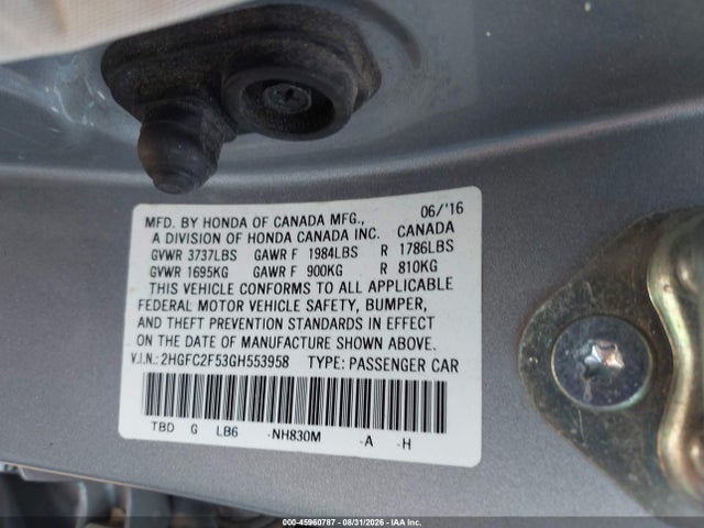 2016 Honda Civic Lx მანქანა იყიდება აუქციონზე, vin: 2HGFC2F53GH553958, აუქციონის ნომერი: 45960787