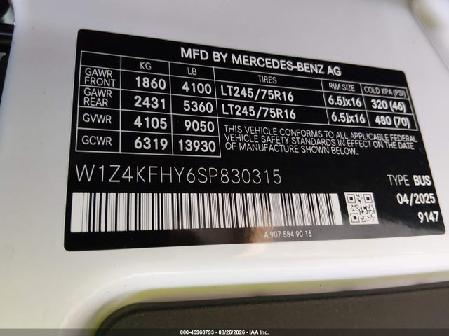 Aukcja sprzedaży 2025 Mercedes-benz Sprinter 2500 Standard Roof 4-cyl Diesel, vin: W1Z4KFHY6SP830315, numer aukcji: 45960793