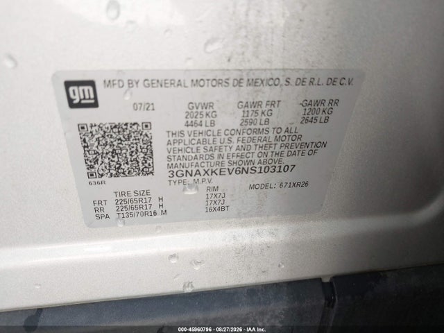 45960796 :رقم المزاد ، 3GNAXKEV6NS103107 vin ، 2022 Chevrolet Equinox Fwd Lt مزاد بيع