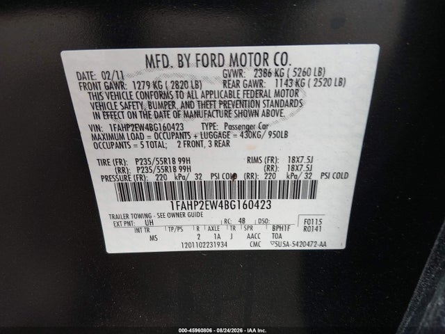 45960806 :رقم المزاد ، 1FAHP2EW4BG160423 vin ، 2011 Ford Taurus Sel مزاد بيع