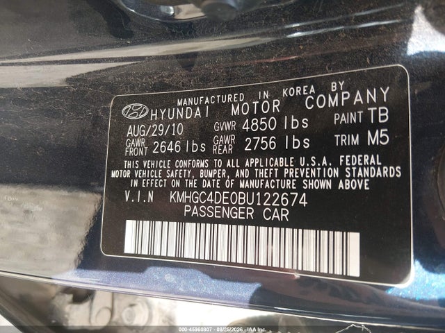 Продажа на аукционе авто 2011 Hyundai Genesis 3.8, vin: KMHGC4DE0BU122674, номер лота: 45960807