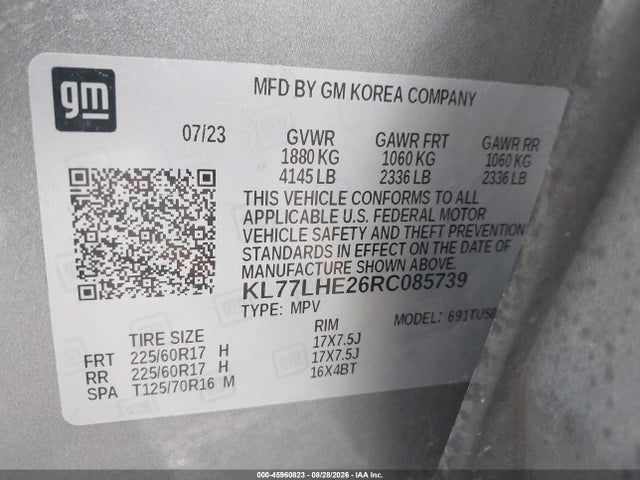 Aukcja sprzedaży 2024 Chevrolet Trax Fwd Lt, vin: KL77LHE26RC085739, numer aukcji: 45960823