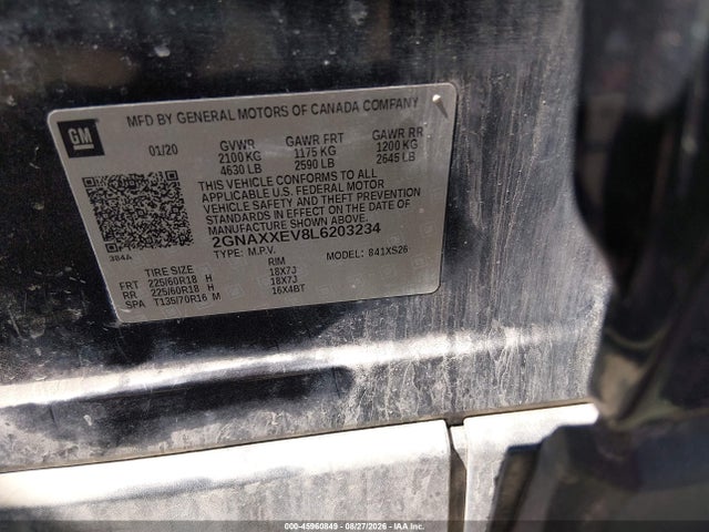 45960849 :رقم المزاد ، 2GNAXXEV8L6203234 vin ، 2020 Chevrolet Equinox Awd Premier 1.5l Turbo مزاد بيع