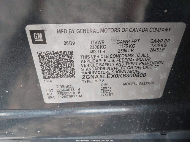 2019 Chevrolet Equinox Lt მანქანა იყიდება აუქციონზე, vin: 2GNAXLEX0K6300808, აუქციონის ნომერი: 45960857