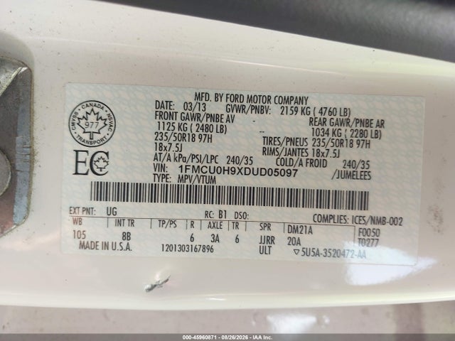 Aukcja sprzedaży 2013 Ford Escape Sel, vin: 1FMCU0H9XDUD05097, numer aukcji: 45960871