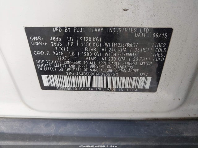 2015 Subaru Outback 2.5i Premium მანქანა იყიდება აუქციონზე, vin: 4S4BSBDC6F3358483, აუქციონის ნომერი: 45960889