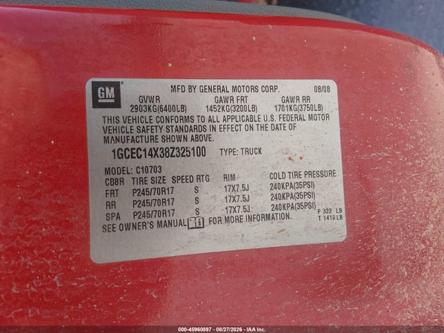 Auction sale of the 2008 Chevrolet Silverado 1500 Work Truck, vin: 1GCEC14X38Z325100, lot number: 45960897