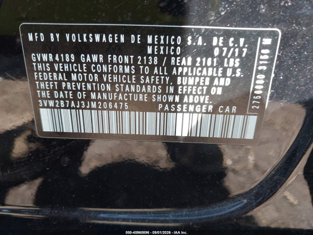 Aukcja sprzedaży 2018 Volkswagen Jetta 1.4t S, vin: 3VW2B7AJ3JM206475, numer aukcji: 45960896