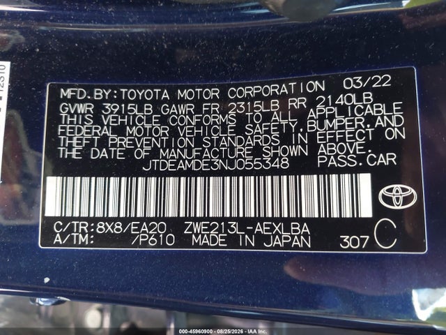 2022 Toyota Corolla Hybrid Le მანქანა იყიდება აუქციონზე, vin: JTDEAMDE3NJ055348, აუქციონის ნომერი: 45960900