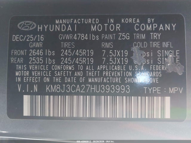 Продажа на аукционе авто 2017 Hyundai Tucson Limited, vin: KM8J3CA27HU393993, номер лота: 45960912