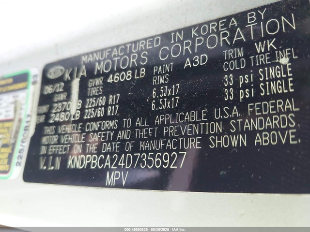 45960925 :رقم المزاد ، KNDPBCA24D7356927 vin ، 2013 Kia Sportage Lx مزاد بيع