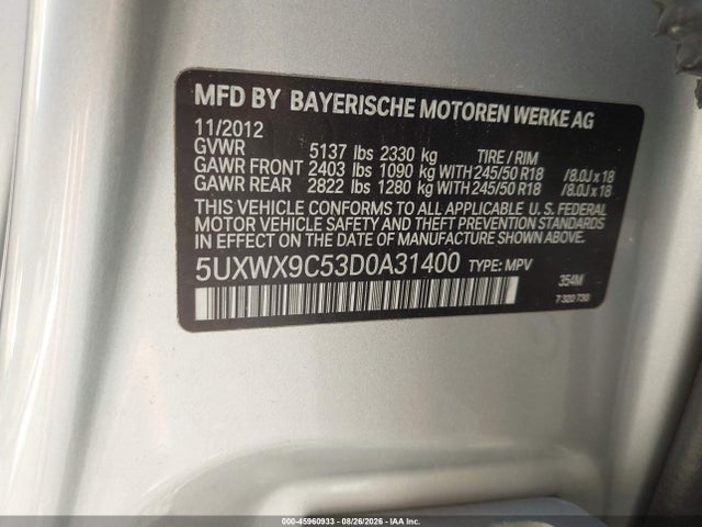 Aukcja sprzedaży 2013 Bmw X3 Xdrive28i, vin: 5UXWX9C53D0A31400, numer aukcji: 45960933