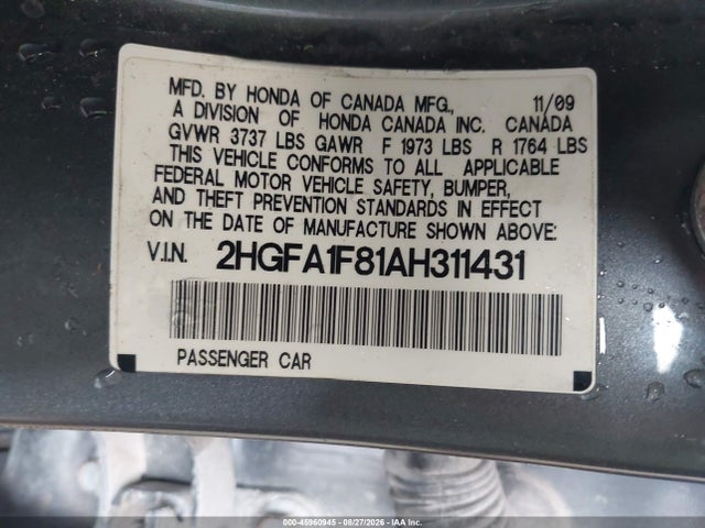 2010 Honda Civic Ex მანქანა იყიდება აუქციონზე, vin: 2HGFA1F81AH311431, აუქციონის ნომერი: 45960945