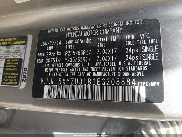 2014 Hyundai Santa Fe Sport 2.4l მანქანა იყიდება აუქციონზე, vin: 5XYZU3LB1EG208884, აუქციონის ნომერი: 45960958