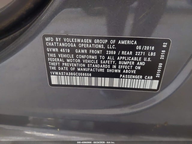 45960966 :رقم المزاد ، 1VWAS7A38GC058556 vin ، 2016 Volkswagen Passat 1.8t R-line مزاد بيع