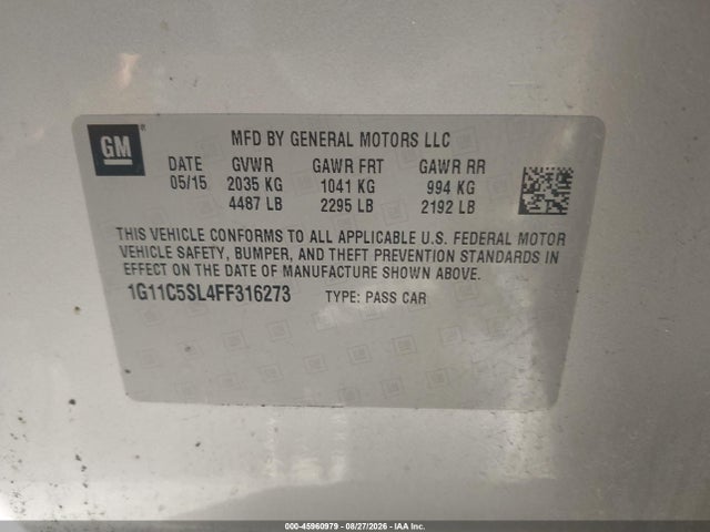 Продаж на аукціоні авто 2015 Chevrolet Malibu 1lt, vin: 1G11C5SL4FF316273, номер лоту: 45960979