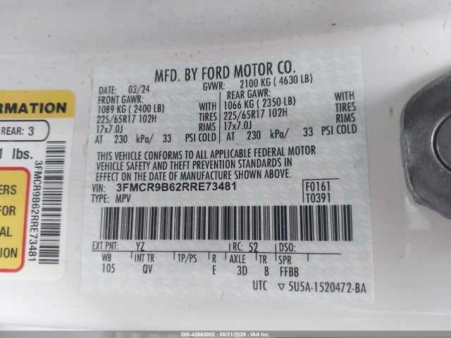 Продаж на аукціоні авто 2024 Ford Bronco Sport Big Bend, vin: 3FMCR9B62RRE73481, номер лоту: 45960980