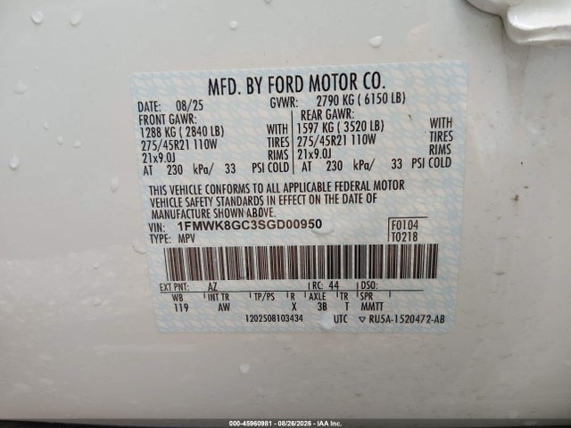 2025 Ford Explorer St მანქანა იყიდება აუქციონზე, vin: 1FMWK8GC3SGD00950, აუქციონის ნომერი: 45960981