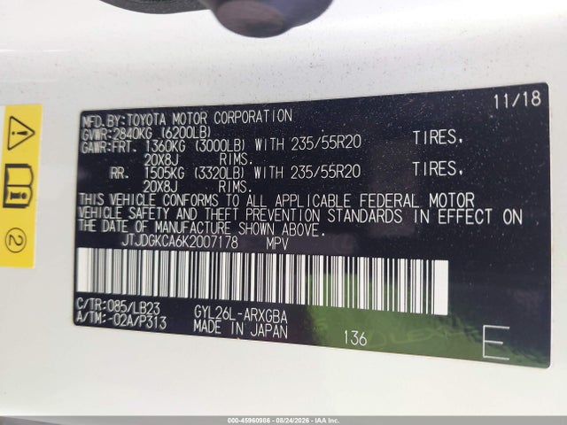 45960986 :رقم المزاد ، JTJDGKCA6K2007178 vin ، 2019 Lexus Rx 450hl Premium مزاد بيع