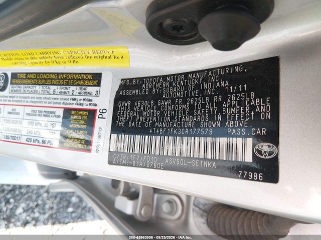 2012 Toyota Camry Le მანქანა იყიდება აუქციონზე, vin: 4T4BF1FK3CR177579, აუქციონის ნომერი: 45960996