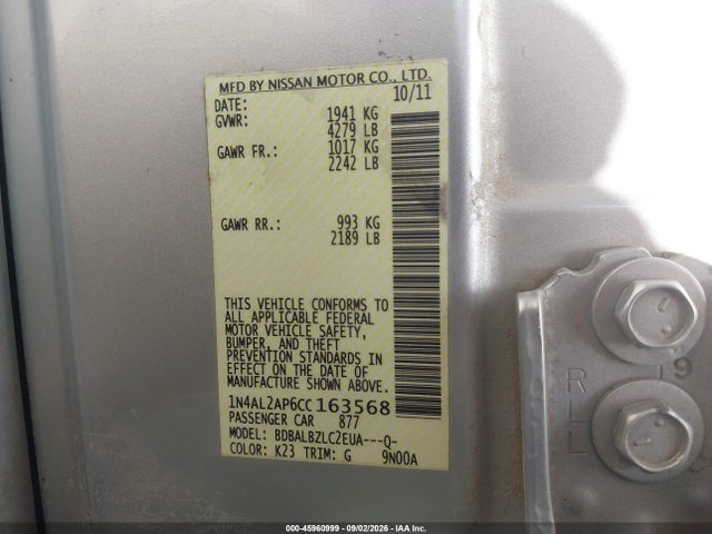 Aukcja sprzedaży 2012 Nissan Altima 2.5 S, vin: 1N4AL2AP6CC163568, numer aukcji: 45960999