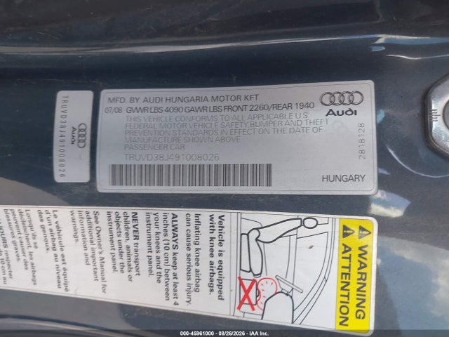 45961000 :رقم المزاد ، TRUVD38J491008026 vin ، 2009 Audi Tt 3.2 مزاد بيع