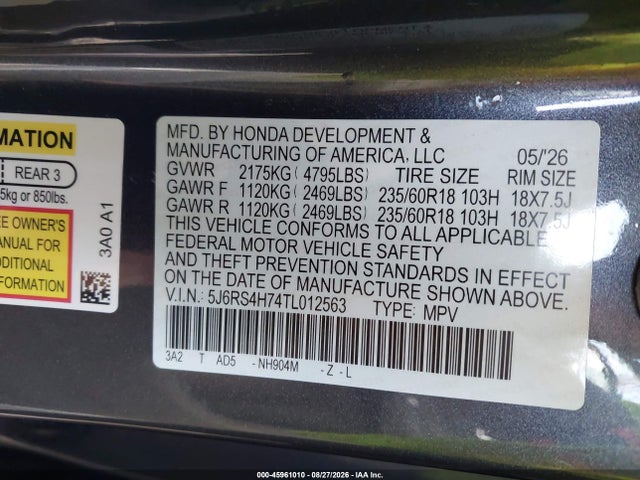 Aukcja sprzedaży 2026 Honda Cr-v Ex-l Awd, vin: 5J6RS4H74TL012563, numer aukcji: 45961010