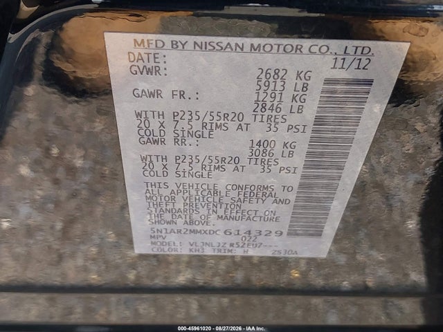 Продажа на аукционе авто 2013 Nissan Pathfinder Platinum, vin: 5N1AR2MMXDC614329, номер лота: 45961020