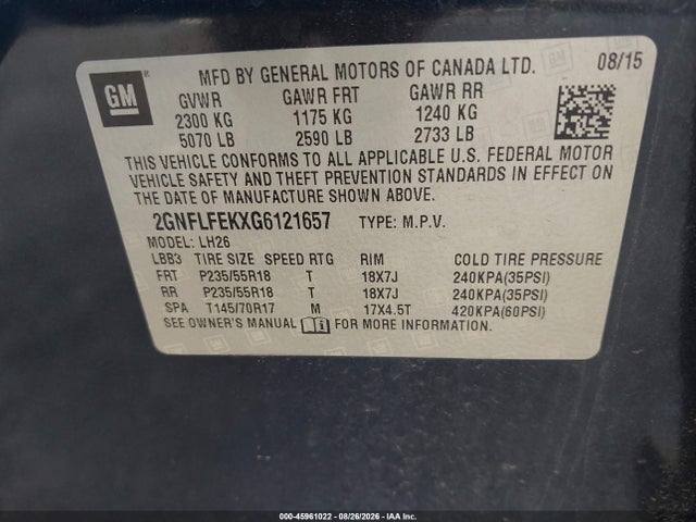 45961022 :رقم المزاد ، 2GNFLFEKXG6121657 vin ، 2016 Chevrolet Equinox Lt مزاد بيع