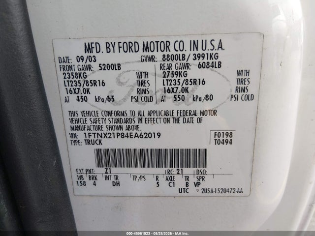 Продажа на аукционе авто 2004 Ford F-250 Lariat/xl/xlt, vin: 1FTNX21P84EA62019, номер лота: 45961023