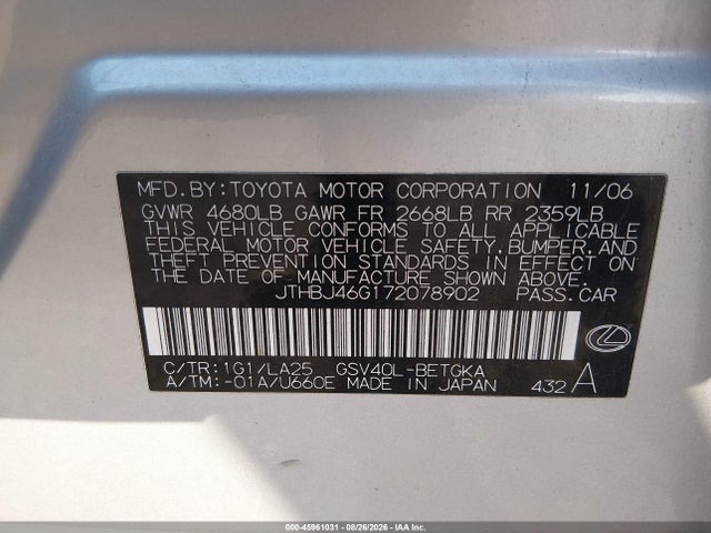 Продаж на аукціоні авто 2007 Lexus Es 350, vin: JTHBJ46G172078902, номер лоту: 45961031