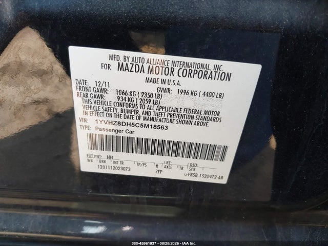 Продаж на аукціоні авто 2012 Mazda Mazda6 I Touring, vin: 1YVHZ8DH5C5M18563, номер лоту: 45961037