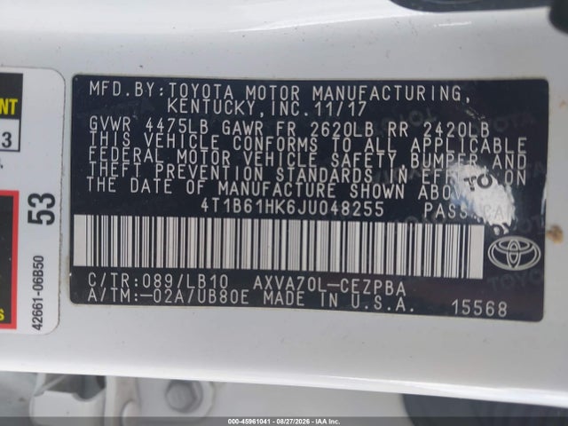 2018 Toyota Camry Xse მანქანა იყიდება აუქციონზე, vin: 4T1B61HK6JU048255, აუქციონის ნომერი: 45961041