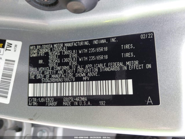 45961049 :رقم المزاد ، 5TDGZRBH6NS199278 vin ، 2022 Toyota Highlander Xle مزاد بيع