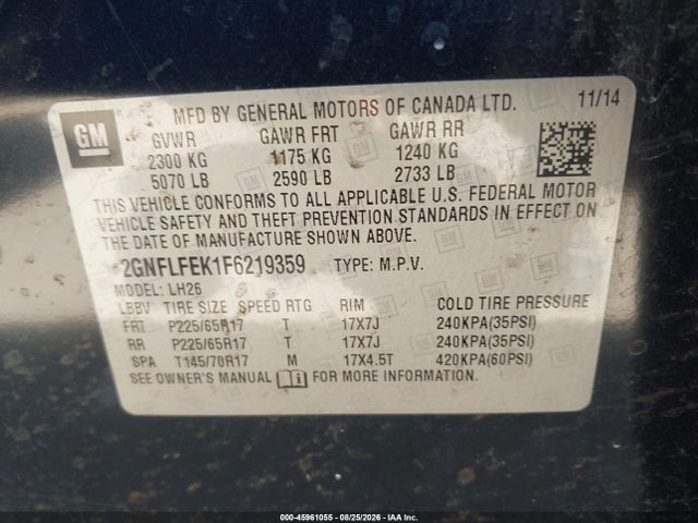 45961055 :رقم المزاد ، 2GNFLFEK1F6219359 vin ، 2015 Chevrolet Equinox Lt مزاد بيع