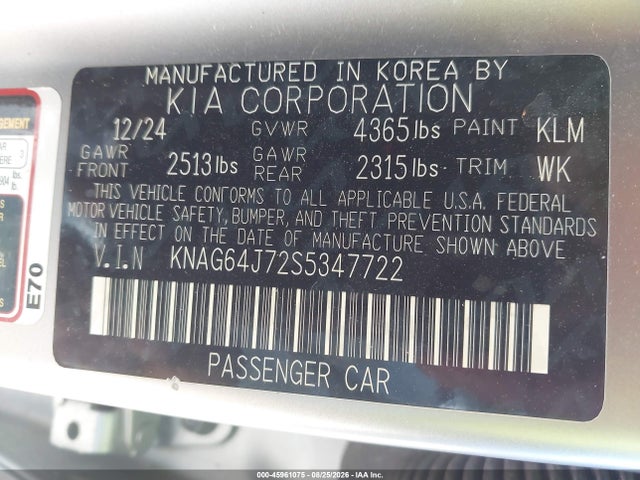 Продаж на аукціоні авто 2025 Kia K5 Gt-line, vin: KNAG64J72S5347722, номер лоту: 45961075