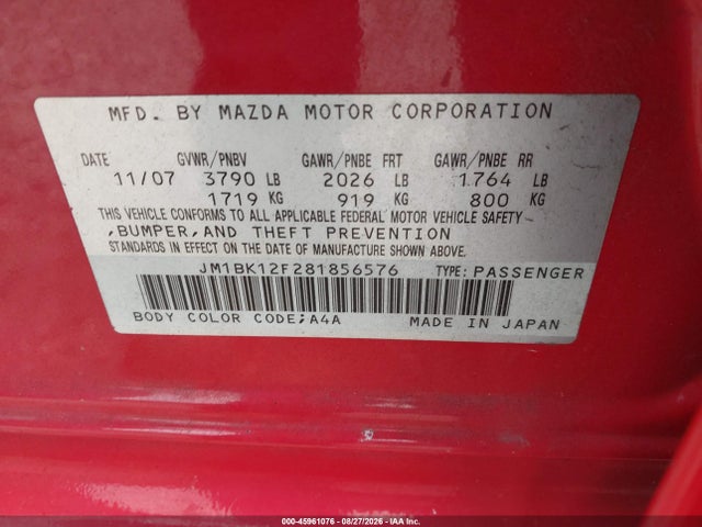 45961076 :رقم المزاد ، JM1BK12F281856576 vin ، 2008 Mazda Mazda3 I Sport مزاد بيع