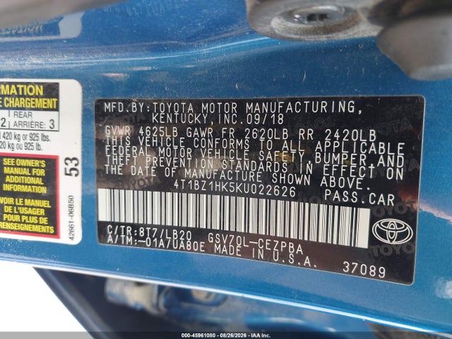 45961080 :رقم المزاد ، 4T1BZ1HK5KU022626 vin ، 2019 Toyota Camry Xse V6 مزاد بيع