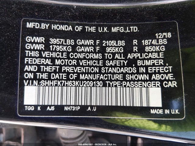 Продажа на аукционе авто 2019 Honda Civic Ex, vin: SHHFK7H63KU209130, номер лота: 45961081