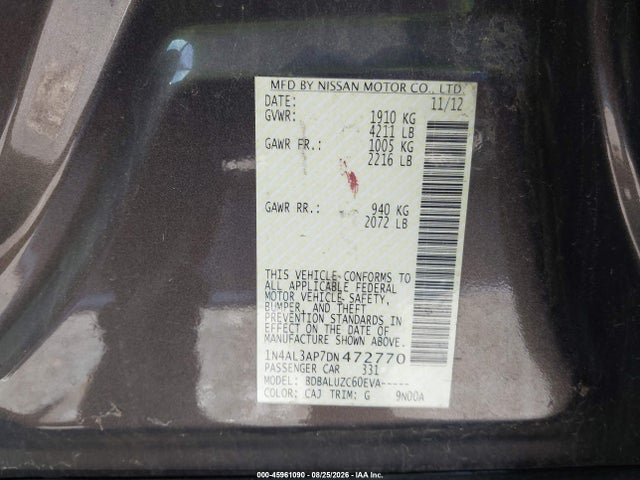 2013 Nissan Altima 2.5 Sv მანქანა იყიდება აუქციონზე, vin: 1N4AL3AP7DN472770, აუქციონის ნომერი: 45961090