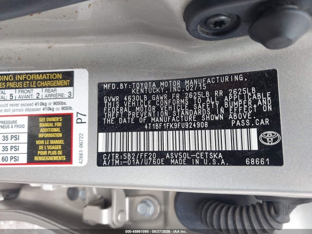 45961095 :رقم المزاد ، 4T1BF1FK9FU924908 vin ، 2015 Toyota Camry Se مزاد بيع