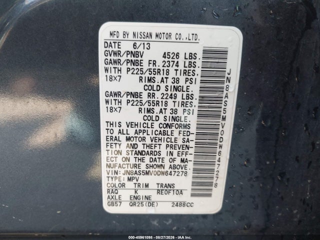 Продажа на аукционе авто 2013 Nissan Rogue Sv W/sl Pkg, vin: JN8AS5MV0DW647278, номер лота: 45961098
