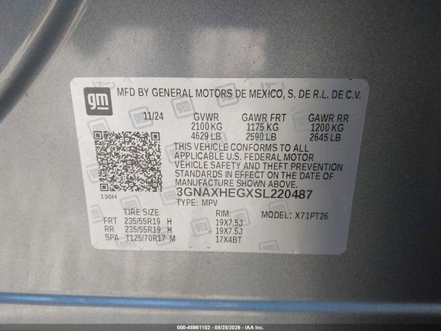 45961102 :رقم المزاد ، 3GNAXHEGXSL220487 vin ، 2025 Chevrolet Equinox Fwd Lt مزاد بيع